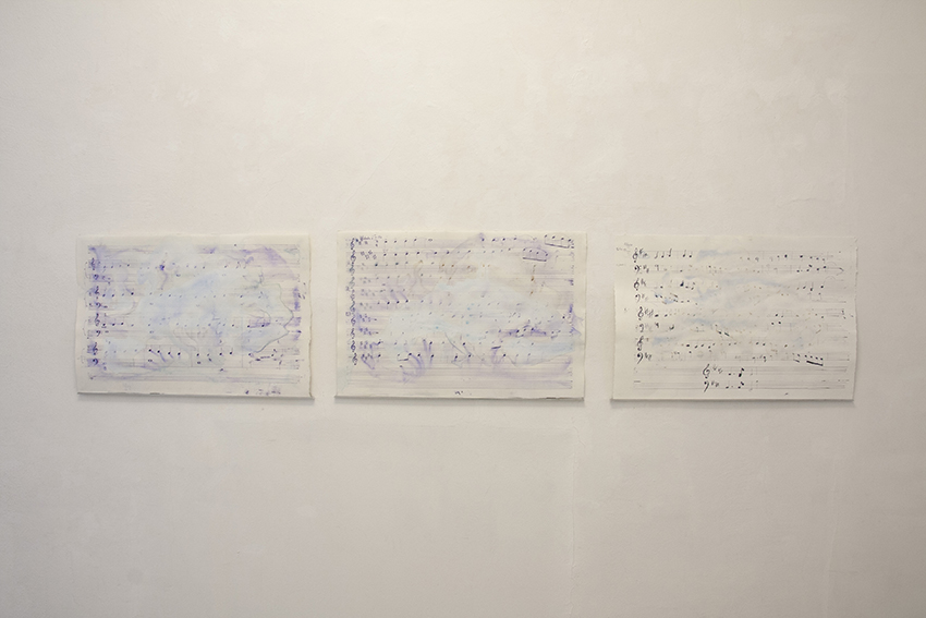 Remijon Pronja, Untitled in allegro moderato, 2015, spartiti musicali, acquerello, cm 45x67 cad.